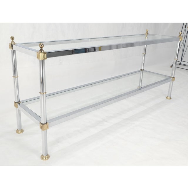 Two Tier Italian Glass Shelve Chrome 7 Brass 60" Console Sofa Table Finials MINT For Sale - Image 11 of 12