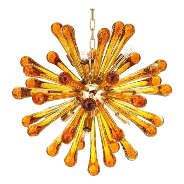 Murano Glass Sputnik Light with Gold Frame and Amber Air Drops by Simoeng For Sale