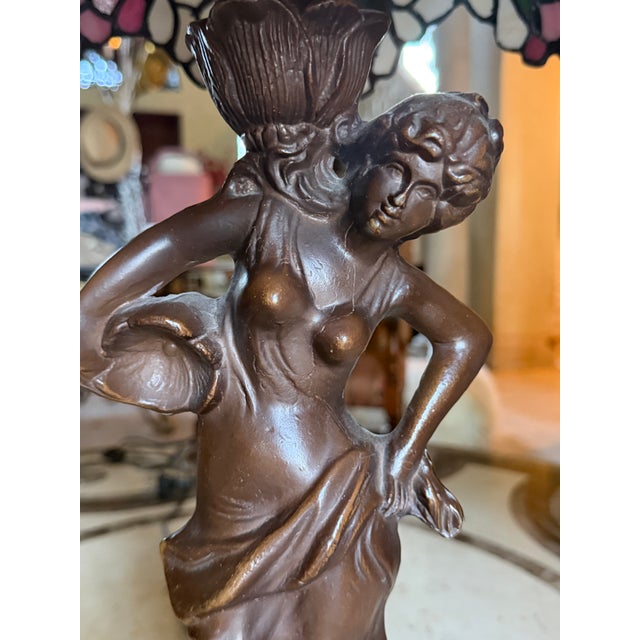 Late 20th Century Tiffany Style Figural Lady Stained Floral Table Lamp For Sale - Image 13 of 13