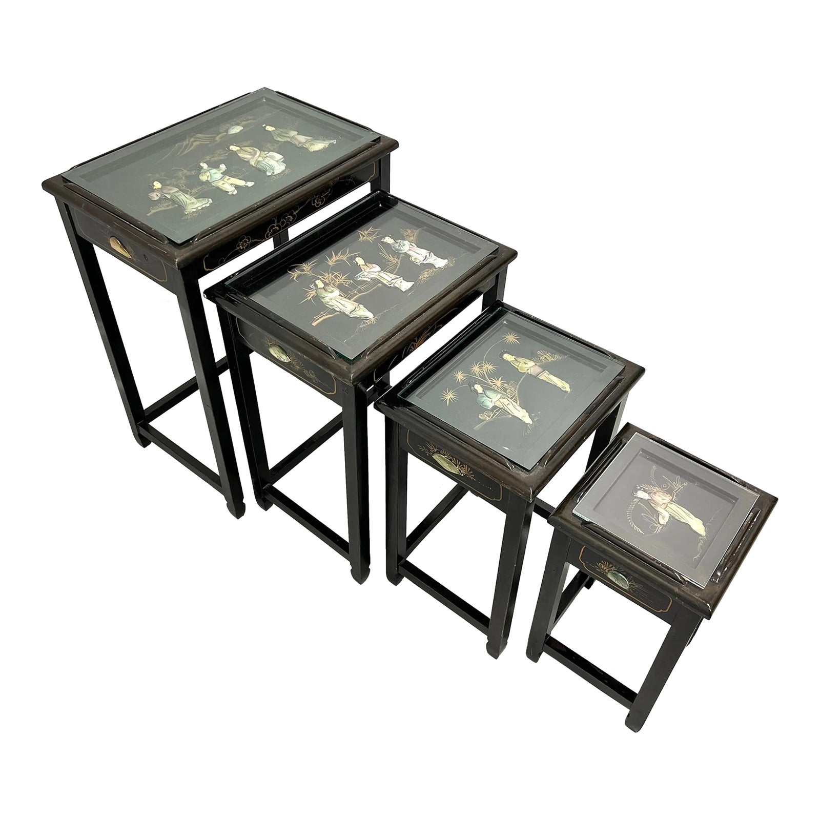 激レア))終売品！！octability Flat Table ate 1980's Chinese Export Black Lacquer Hand Painted Nesting