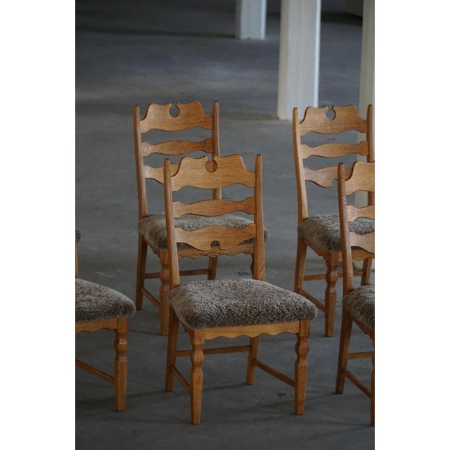 Mid-Century Danish Chairs in Oak & Lambswool by Henning Kjærnulf for E.G. Møbler, 1960s, Set of 8 For Sale - Image 15 of 18