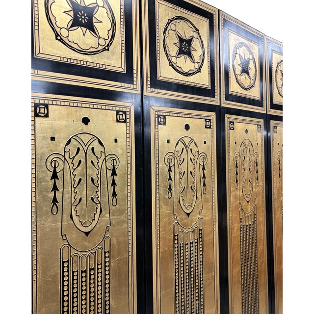 Striking Six-Panel Art Deco Carved Black Lacquer and Gilt Screen For Sale In Tampa - Image 6 of 16