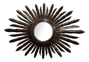 Vintage Spanish Wooden Sunburst Brown Convex Wall Mirror, 1940
