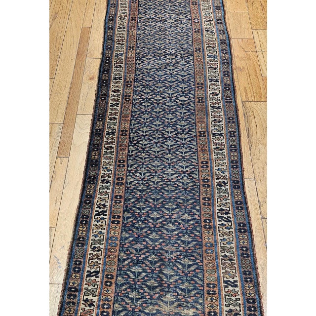 Vintage Persian Kurdish Runner Rug, Hand-Knotted Wool, All-Over Paisley Pattern, Blue & Green, 3x15 For Sale - Image 12 of 17