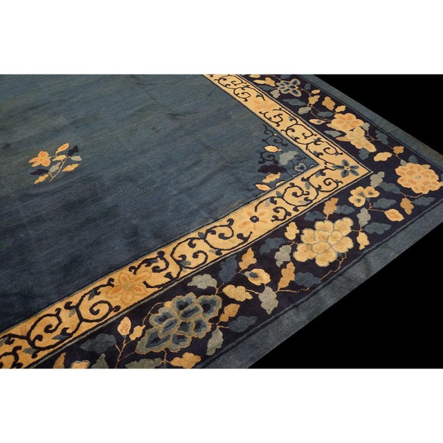 Textile 1890s Blue Field Floral Medallion Antique Chinese Peking Wool Rug 13' X 17' 10" For Sale - Image 7 of 8