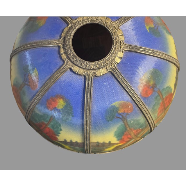 Sky Blue Antique Reverse Painted Glass 8 Panel Table Lamp Landscape Shade For Sale - Image 8 of 11