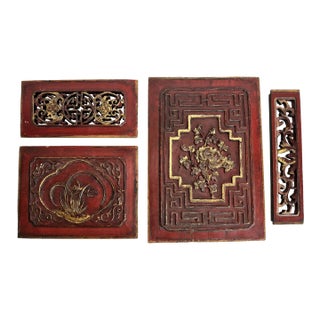Asian Teak Wood Carved Relief Red & Gold Plaques, Set of 4 For Sale