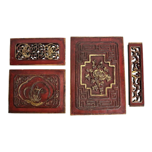 Asian Teak Wood Carved Relief Red & Gold Plaques, Set of 4 For Sale