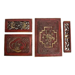 Vintage Asian Teak Wood Carved Relief Red & Gold Plaques, Set of 4