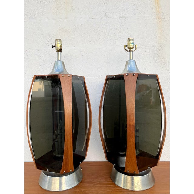 Apair of Mid Century Modern Danish Style Smoked Acrylic Table Lamps. Circa 1970s For Sale - Image 4 of 13