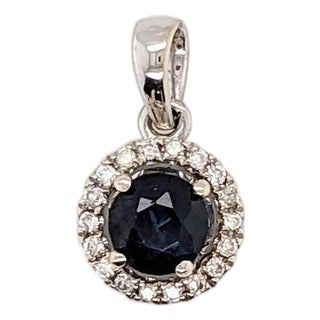 Blue Sapphire Pendant W Earth Mined Diamonds in Solid 14k White Gold Round 4mm For Sale