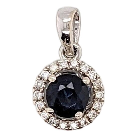 Blue Sapphire Pendant W Earth Mined Diamonds in Solid 14k White Gold Round 4mm For Sale