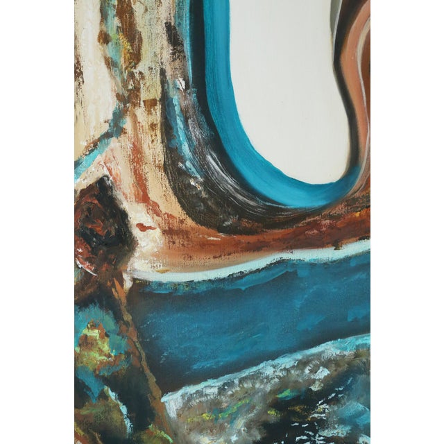 Large-format abstract painting defined by fluid movement and architectural rhythm. Saturated teal, umber, and cream fold...