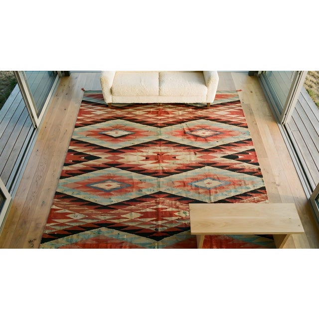 Tribal Geometric Design Small Scatter Size Rustic 19th Century Native American Navajo Germantown Carpet / Flatweave For Sale - Image 15 of 15