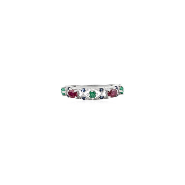 Modern Antique 1.17 Carat Multi Gemstone Half Band Wedding Ring Crafted in Solid Silver - Size 7 For Sale - Image 3 of 10