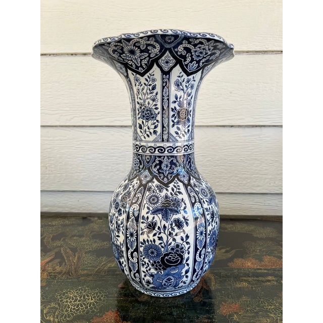 Vintage Large Delft Trumpet Vase Blue and White Floral Boch Royal Sphinx Urn For Sale - Image 13 of 18