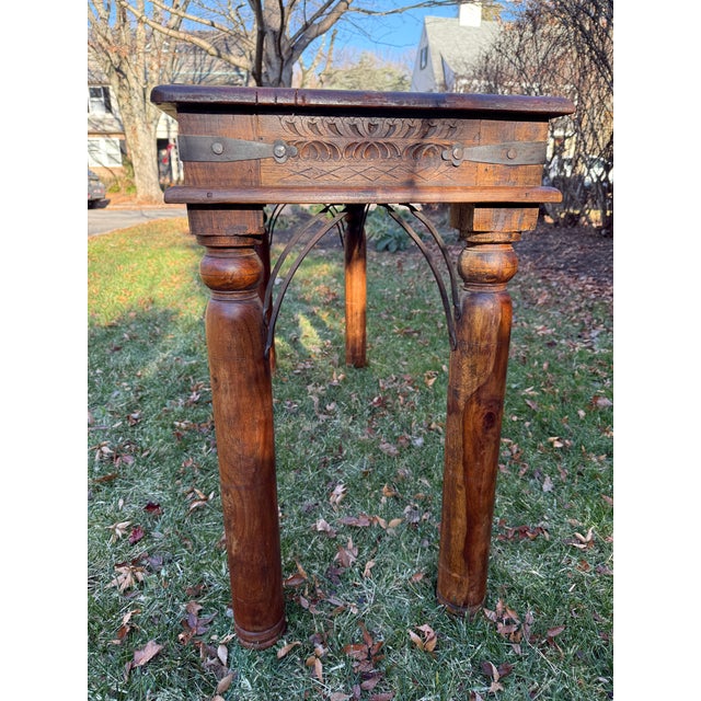 Vintage Indian Carved Wooden Console Table With Nailhead Design and Baluster Legs For Sale - Image 10 of 15