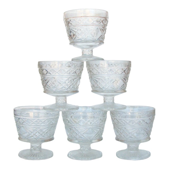 Midcentury Faceted Glass Coupes, Set of 6 For Sale