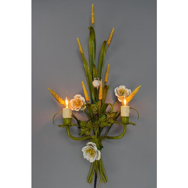 Italian Toleware White Poppy and Wheat Green Floral Bouquet Two-Light Sconce, 1960s For Sale - Image 17 of 18