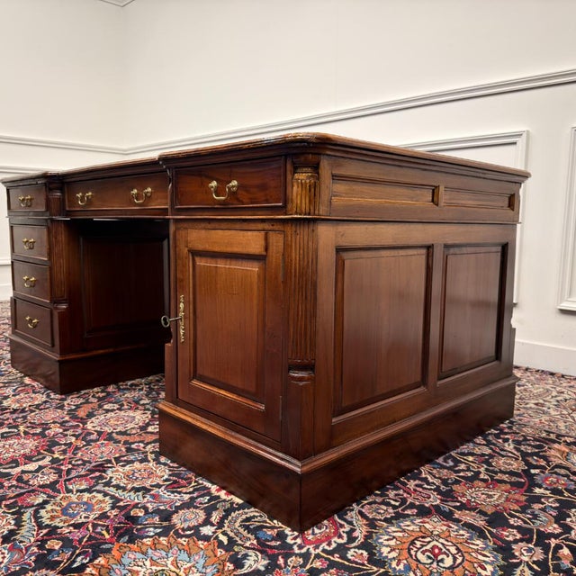 English Partner Desk with Burgundy Leather Top For Sale - Image 6 of 18