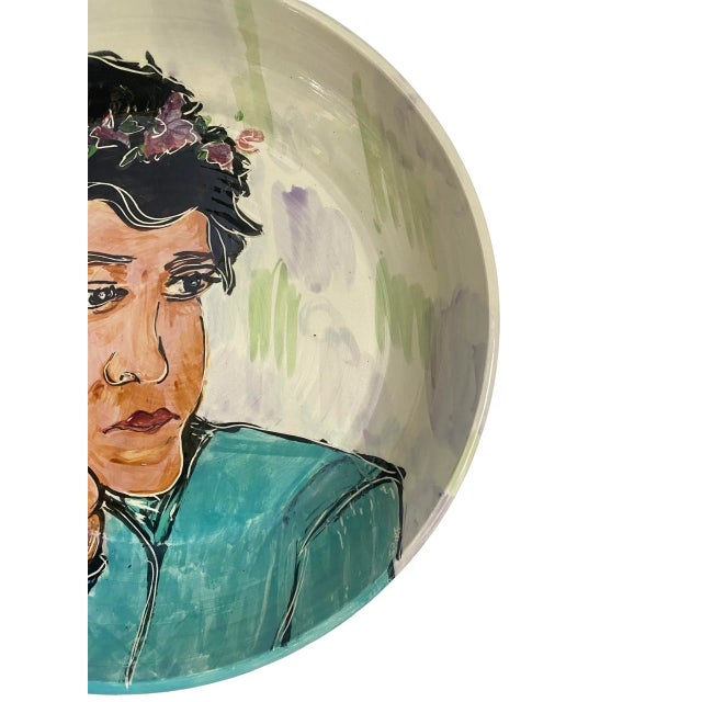 Contemporary Extra Large Vintage Decorative Glazed Pottery Bowl Depicting a Woman With Floral Crown, Signed Spirt Circa 1990’s For Sale - Image 3 of 11