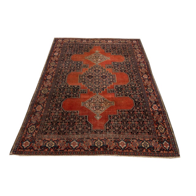 Traditional Orange Antique Senneh Handmade Wool Rug For Sale - Image 3 of 13