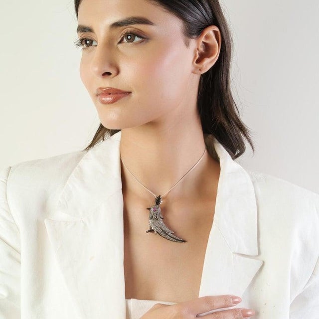 Metal Caratandher Sterling Silver Bird Brooch Pendant With Ruby & Diamonds For Sale - Image 7 of 13