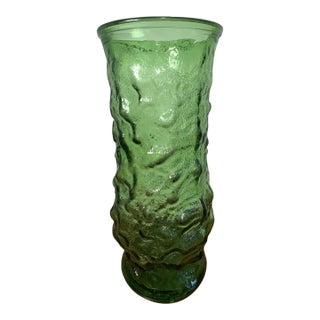 Vintage Green Art Glass Vase Textured Bark Avocado Retro Mid Century Decor For Sale