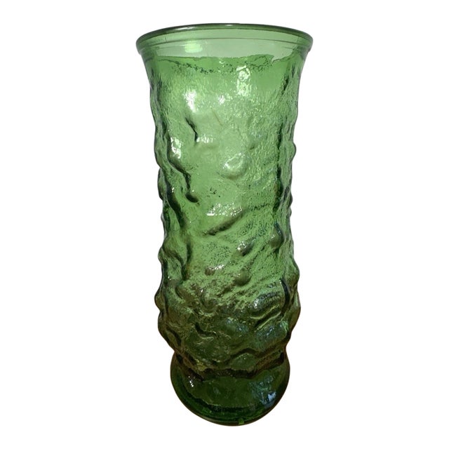 Vintage Green Art Glass Vase Textured Bark Avocado Retro Mid Century Decor For Sale