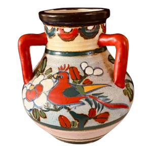 Vintage 3-Handled Ceramic Vase Jug With Colorful Bird and Flower Motif