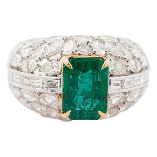 Natural Zambian Emerald Ring, 2.54ct, 3.77ct Diamonds, 18k Gold For Sale
