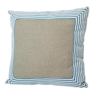 Classic Grey and Blue Striped Border Throw Pillow For Sale