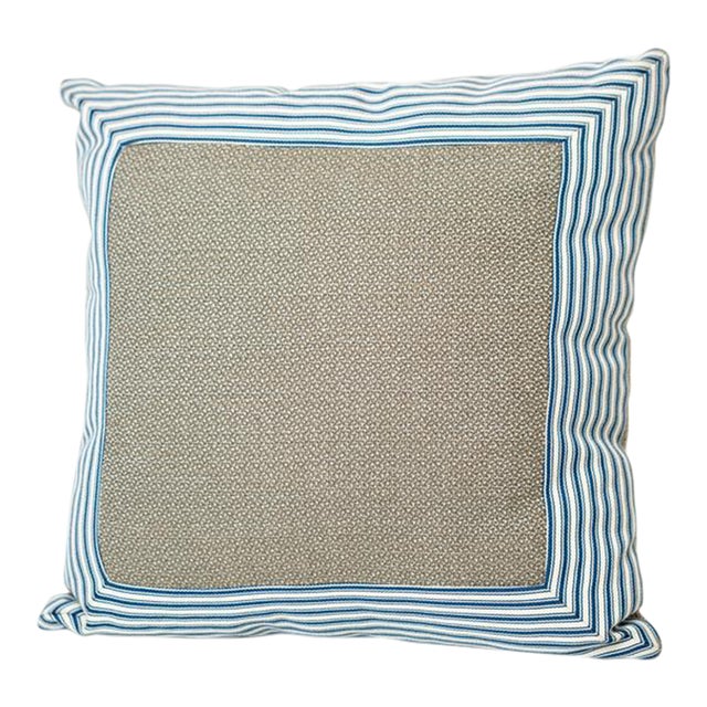 Classic Grey and Blue Striped Border Throw Pillow For Sale