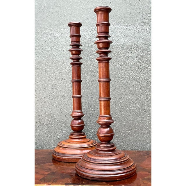 English Vintage Turned Wood Candlesticks - A Pair For Sale - Image 3 of 12