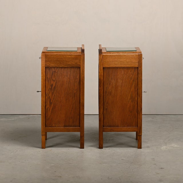 Art Deco Amsterdam School Nightstands in Oak and Glass, 1930s, Set of 2 For Sale - Image 9 of 18