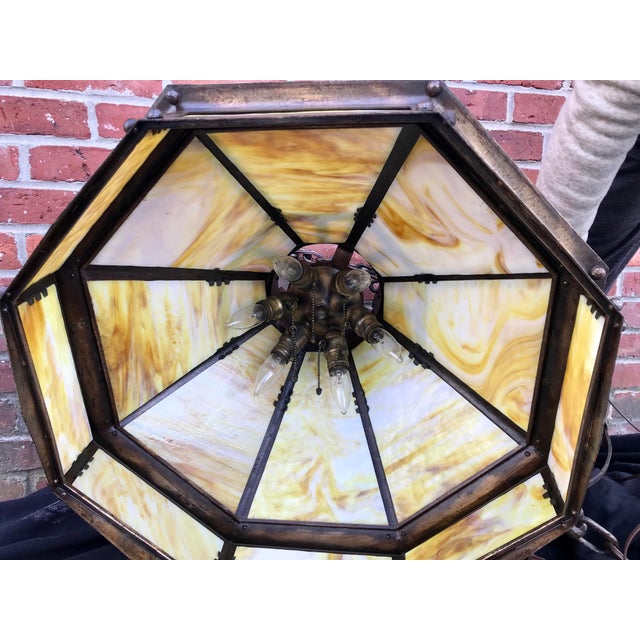 1910 Arts and Crafts Slag Glass Octagonal Chandelier in Hammered Iron For Sale - Image 10 of 13