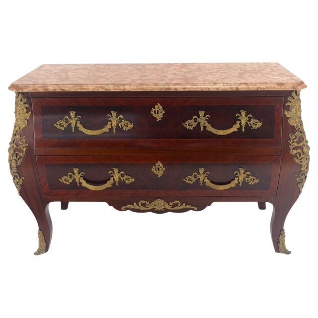 Louis XV Bombe Style Bronze Mounted Mahogany Rouge Marble Top Commode Dresser For Sale - Image 10 of 17