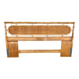 Vintage Chinoiserie Faux Bamboo and Woven Front King Headboard For Sale