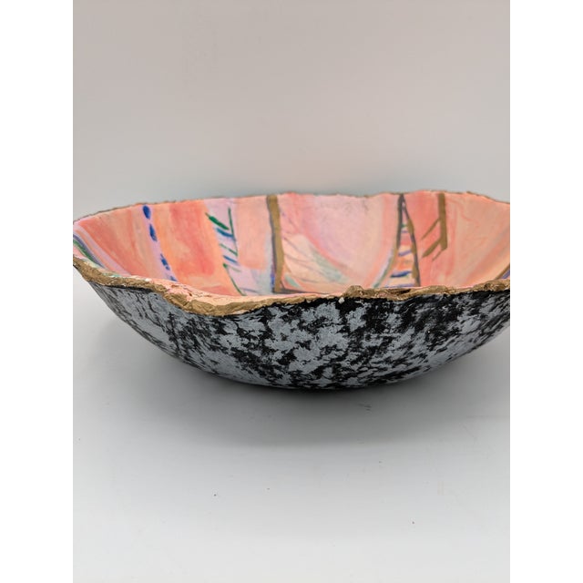 Paper Abstract Papier-Mâché Art Bowl 1/1 Signed “E B” 1990s Hand-Painted Pastel For Sale - Image 7 of 12