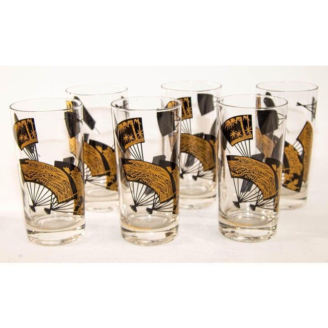 Set of Six Jules Jurgensen Black & Gold Highball Glasses in Faux Bamboo Carrier For Sale - Image 18 of 18