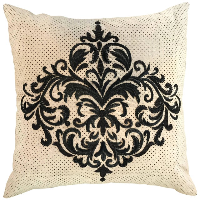 Textile Perforated Ultra Suede Sand and Black Embroidered Decorative Pillow For Sale - Image 7 of 7