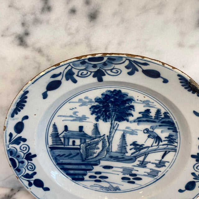 Early Antique Dutch Delft Blue and White Landscape Plate or Platter For Sale - Image 9 of 12