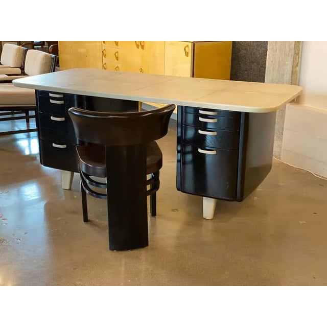 Double pedestal desk with goatskin parchment top and trim and matching desk. Designed by Vittorio Valabrega, a hard to...