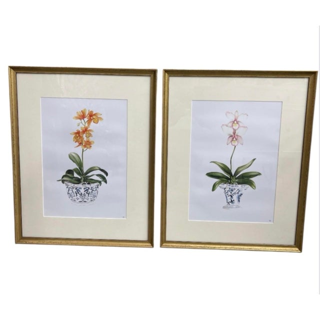 Chinoiserie Pair of Vintage Framed Chinoiserie Orchid Botanical Prints – Orange & Pink Floral Art For Sale - Image 3 of 12