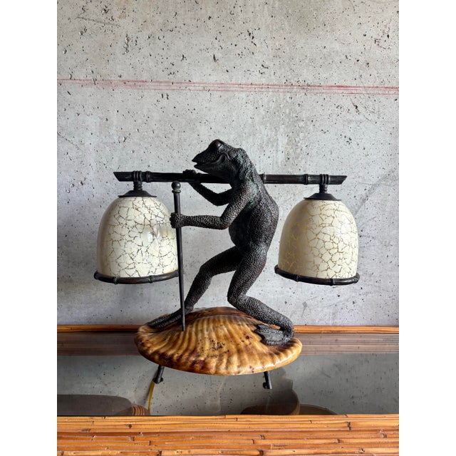 Bronze Vintage Maitland-Smith Bronze Frog Tessellated Penshell Table Lamp For Sale - Image 8 of 10