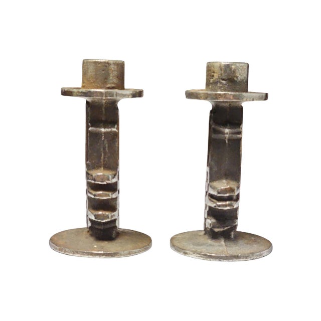 Beautiful rare pair 1970s brutalist candlesticks by Olav Joff, made in Norway of cast stainless steel, both in excellent...