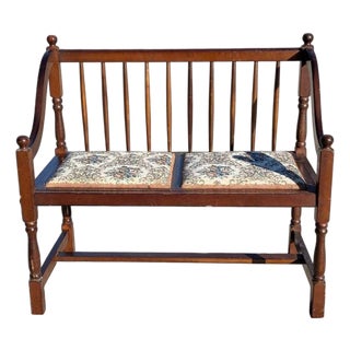Vintage Spindle Back Wood Settee With Floral Cushions For Sale