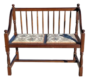 Vintage Spindle Back Wood Settee With Floral Cushions