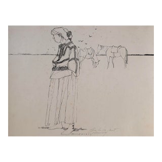 Guillermo Acevedo Original Mixed-Media Apache Woman, Circa 1978 For Sale