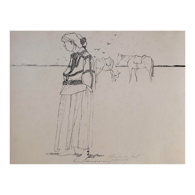 Guillermo Acevedo Original Mixed-Media Apache Woman, Circa 1978 For Sale